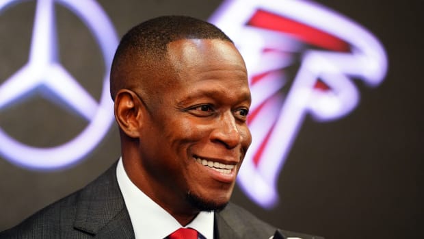 Feb 5, 2024; Atlanta, GA, USA; Raheem Morris is introduced as the new head coach of the Atlanta Falcons at Mercedes-Benz Stadium.